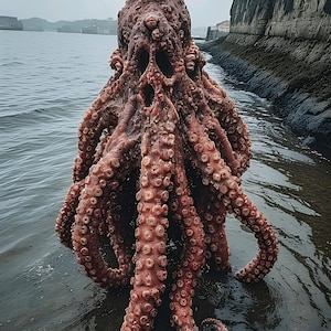 May include: A large, reddish-brown octopus with numerous tentacles, standing on a dark, wet surface near the water's edge. The octopus has a textured body and is in a natural outdoor setting, with a coastal background.