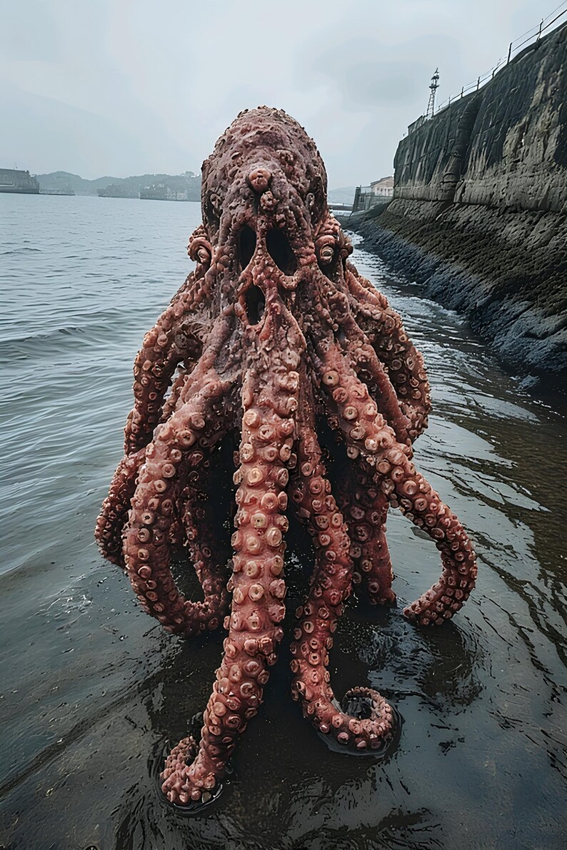 May include: A large, reddish-brown octopus with numerous tentacles, standing on a dark, wet surface near the water's edge. The octopus has a textured body and is in a natural outdoor setting, with a coastal background.