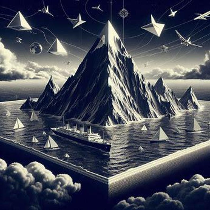 May include: A black and white illustration of a mountain range surrounded by water, with a large ship and several sailboats. The sky features geometric shapes and aircraft, creating a surreal landscape.