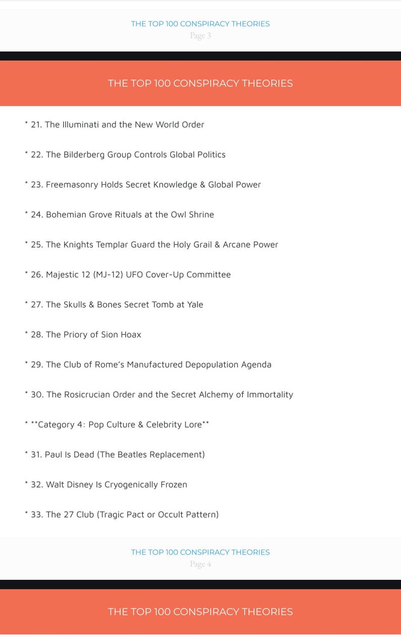 以下が含まれることがあります： THE TOP 100 CONSPIRACY THEORIESというタイトルの文書ページで、21から33までの項目がリストされています。テキストには、イルミナティ、ビルダーバーグ会議、フリーメイソン、ボヘミアン・グローブ、テンプル騎士団、ポール・マッカートニー死亡説などのトピックが含まれています。
