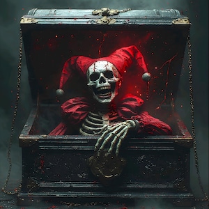 May include: A spooky image of a skeleton wearing a red jester's hat and cape, emerging from a dark, ornate chest. The skeleton has a grinning skull face and bony hands. The chest is detailed with metal accents and chains, creating a haunting Halloween theme.