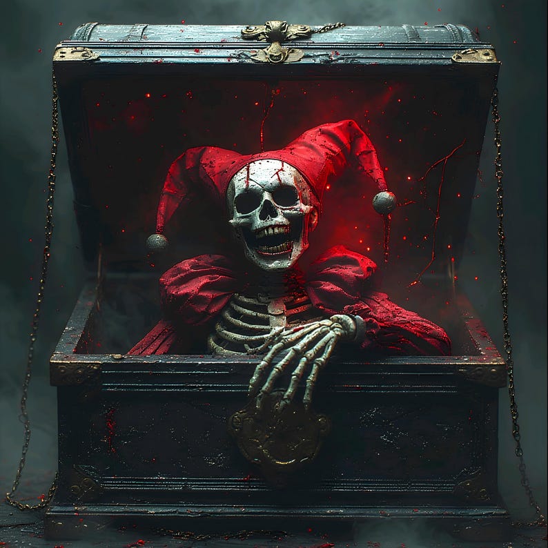 May include: A spooky image of a skeleton wearing a red jester's hat and cape, emerging from a dark, ornate chest. The skeleton has a grinning skull face and bony hands. The chest is detailed with metal accents and chains, creating a haunting Halloween theme.
