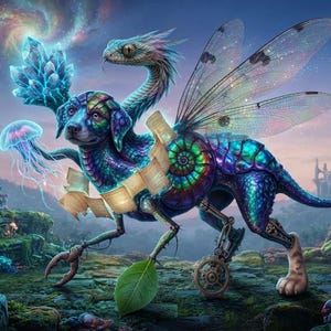 May include: A fantastical creature with a dog head, a long serpentine neck, and iridescent scales. It features large translucent insect wings, a spiral shell body, a crab claw, a mechanical gear leg, and holds a glowing blue crystal cluster.