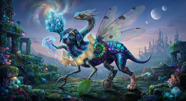 May include: A fantastical creature with a dog head, a long serpentine neck, and iridescent scales. It features large translucent insect wings, a spiral shell body, a crab claw, a mechanical gear leg, and holds a glowing blue crystal cluster.