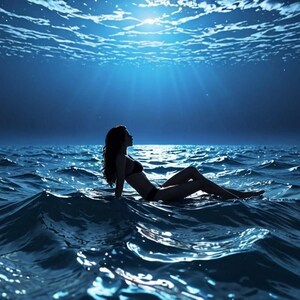 May include: Silhouette of a person in a swimsuit floating on the surface of the ocean at night. The moon and stars are visible in the dark blue sky.