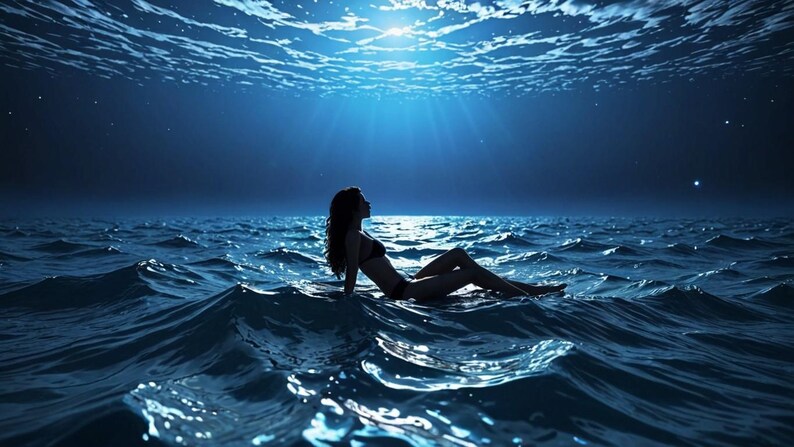May include: Silhouette of a person in a swimsuit floating on the surface of the ocean at night. The moon and stars are visible in the dark blue sky.
