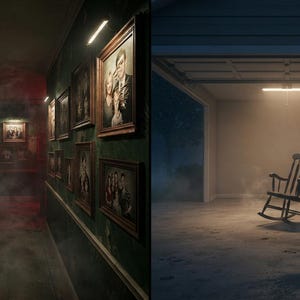 May include: A split-view image featuring a dark hallway with numerous framed portraits on green walls illuminated by wall lights, and a wooden rocking chair centred in a dimly lit, empty garage with a single overhead light and hazy atmosphere.