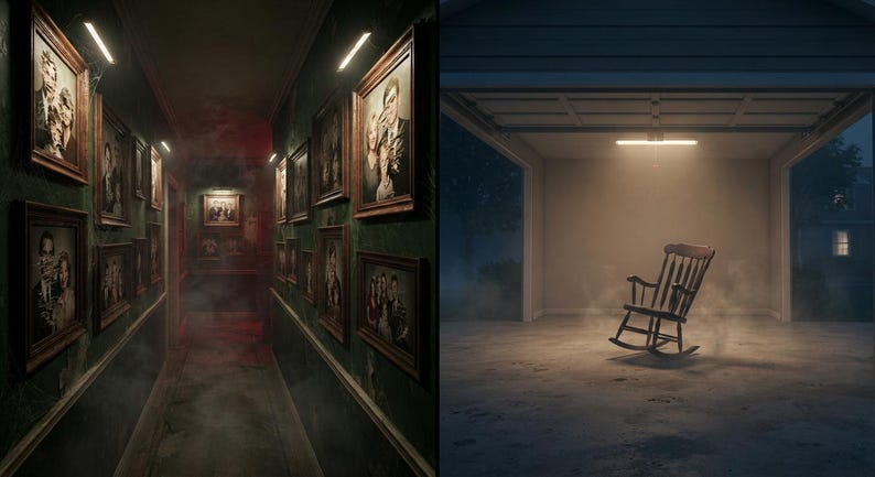 May include: A split-view image featuring a dark hallway with numerous framed portraits on green walls illuminated by wall lights, and a wooden rocking chair centred in a dimly lit, empty garage with a single overhead light and hazy atmosphere.