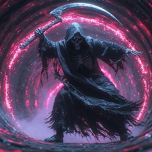 Puede incluir: Ilustraci&oacute;n digital de la Parca, una figura esquel&eacute;tica con una capa negra con capucha, sosteniendo una guada&ntilde;a. El fondo presenta un t&uacute;nel rojo brillante, creando una atm&oacute;sfera dram&aacute;tica y ominosa.