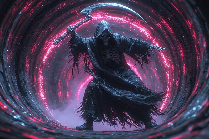 Puede incluir: Ilustraci&oacute;n digital de la Parca, una figura esquel&eacute;tica con una capa negra con capucha, sosteniendo una guada&ntilde;a. El fondo presenta un t&uacute;nel rojo brillante, creando una atm&oacute;sfera dram&aacute;tica y ominosa.