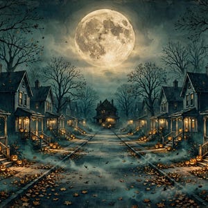 May include: A suburban street at night under a large full moon, featuring rows of houses with lit porches, glowing jack-o'-lanterns on the steps, and fallen autumn leaves scattered across the pavement amidst a light, swirling ground fog.