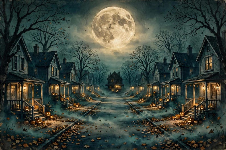 May include: A suburban street at night under a large full moon, featuring rows of houses with lit porches, glowing jack-o'-lanterns on the steps, and fallen autumn leaves scattered across the pavement amidst a light, swirling ground fog.