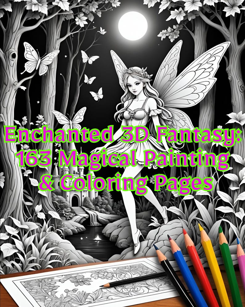 May include: A black and white illustration of a fairy with wings, standing on a rock in a forest. The fairy is holding a flower in her hand. The illustration is surrounded by a border of flowers and leaves. The text "Enchanted 3D Fantasy: 163 Magical Painting & Coloring Pages" is written in pink letters at the top of the illustration. There are coloured pencils on a white sheet of paper below the illustration.