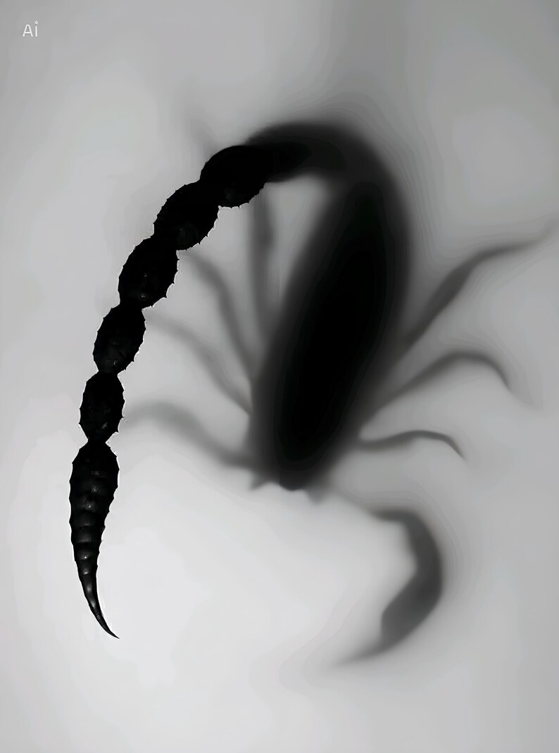 K&ouml;nnte beinhalten: Eine kontrastreiche, schwarz-wei&szlig;e digitale Illustration eines Skorpions. Das Wesen ist in einem verschwommenen, &auml;therischen Stil dargestellt, mit einem langen, segmentierten Schwanz, der sich nach oben kr&uuml;mmt.