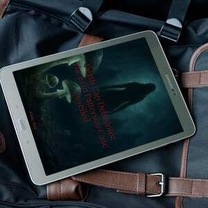 May include: A silver Samsung tablet displaying a book cover titled Death Cap Delusions: The Erin Patterson Case Unveiled by Philip Way, featuring a dark forest scene with mushrooms and a silhouette, resting on a black and brown backpack.