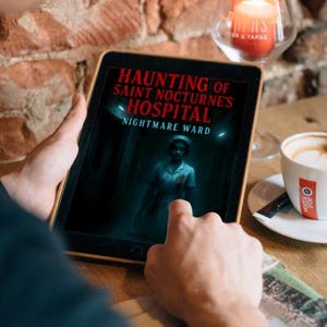 K&ouml;nnte beinhalten: Ein Tablet zeigt das Cover eines Horrorromans mit dem Titel "Haunting of Saint Nocturne's Hospital: Nightmare Ward". Das Bild zeigt eine geisterhafte Figur in einem Krankenhaus. Eine brennende Kerze und eine Tasse Kaffee sind ebenfalls zu sehen.