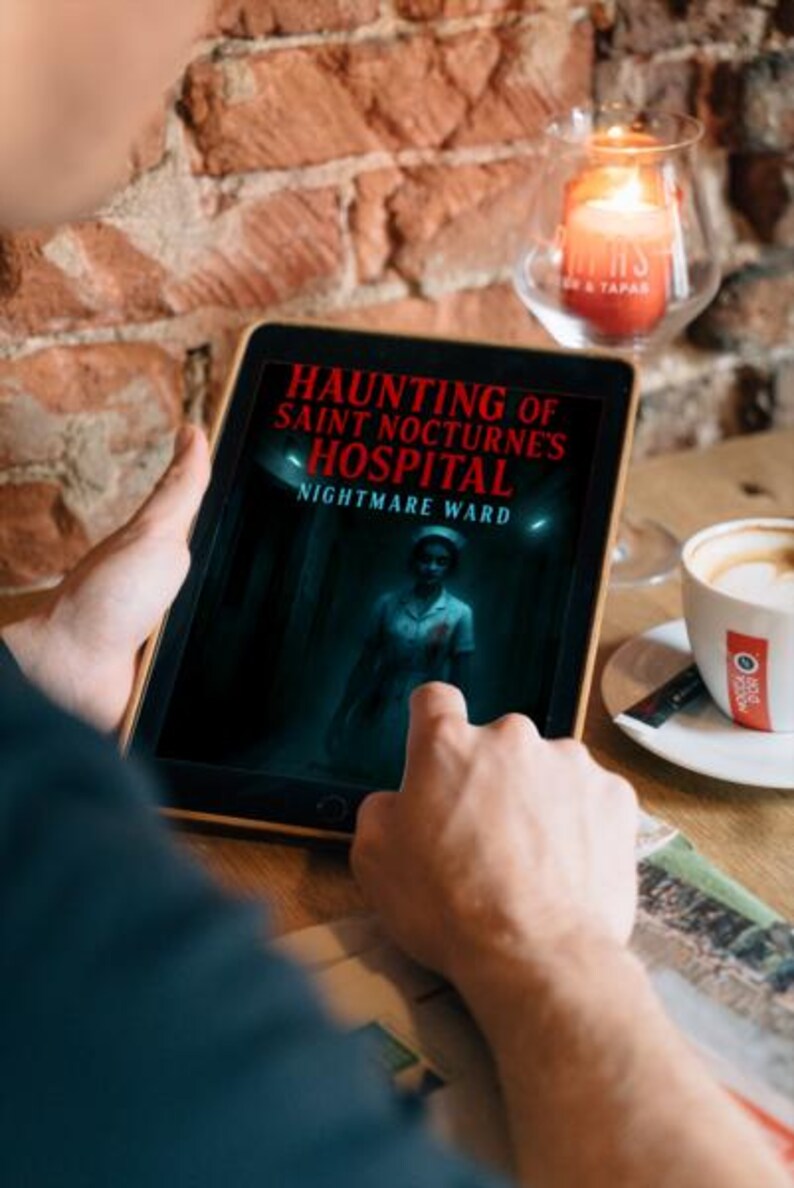 K&ouml;nnte beinhalten: Ein Tablet zeigt das Cover eines Horrorromans mit dem Titel "Haunting of Saint Nocturne's Hospital: Nightmare Ward". Das Bild zeigt eine geisterhafte Figur in einem Krankenhaus. Eine brennende Kerze und eine Tasse Kaffee sind ebenfalls zu sehen.