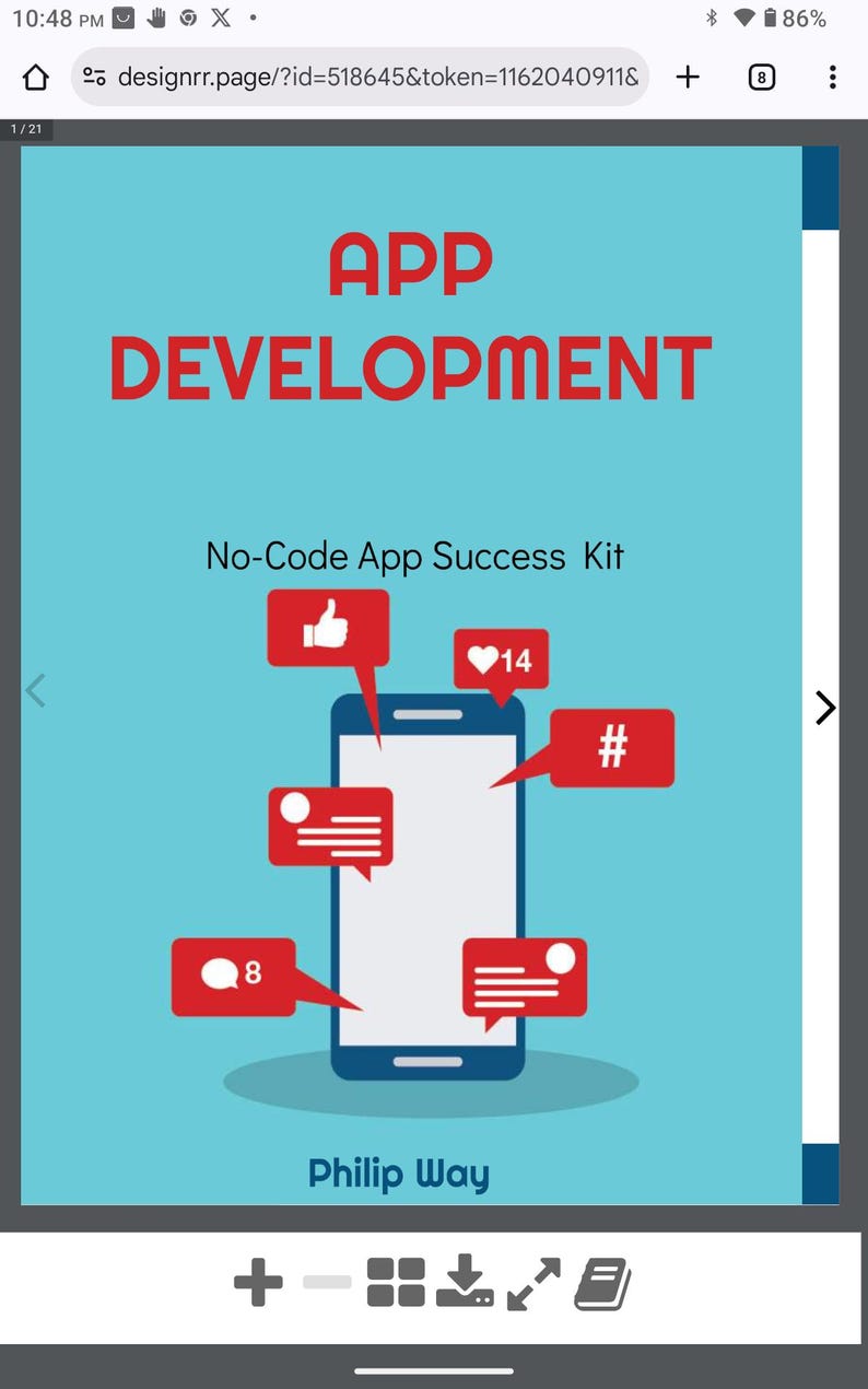 May include: A graphic with the text "APP DEVELOPMENT" in red, and "No-Code App Success Kit". A smartphone illustration has speech bubbles with social media icons. The author's name, Philip Way, is at the bottom. The background is light blue.