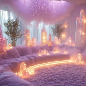 May include: A dreamy interior scene with a curved sofa, illuminated crystals, and soft lighting. The room is filled with a lavender-pink hue, creating a serene and ethereal atmosphere. Decorative plants add a touch of nature.