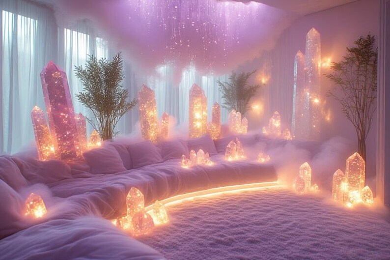 May include: A dreamy interior scene with a curved sofa, illuminated crystals, and soft lighting. The room is filled with a lavender-pink hue, creating a serene and ethereal atmosphere. Decorative plants add a touch of nature.