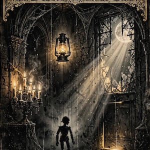 May include: A dark, atmospheric illustration featuring a small marionette puppet suspended by strings in a stone room. A glowing lantern hangs above, while a candelabra with lit candles stands to the left. A large, broken window reveals a full moon.