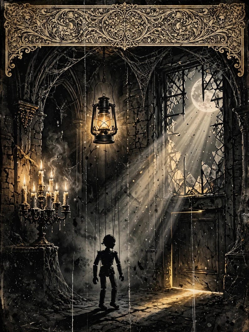 May include: A dark, atmospheric illustration featuring a small marionette puppet suspended by strings in a stone room. A glowing lantern hangs above, while a candelabra with lit candles stands to the left. A large, broken window reveals a full moon.