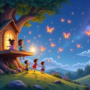 Puede incluir: Un gran &aacute;rbol con una plataforma de casa de madera muestra a dos ni&ntilde;os sentados dentro y tres ni&ntilde;os de pie en una colina cubierta de hierba. Mariposas naranjas brillantes vuelan por el cielo nocturno bajo una galaxia estrellada.