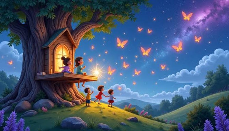 Puede incluir: Un gran &aacute;rbol con una plataforma de casa de madera muestra a dos ni&ntilde;os sentados dentro y tres ni&ntilde;os de pie en una colina cubierta de hierba. Mariposas naranjas brillantes vuelan por el cielo nocturno bajo una galaxia estrellada.