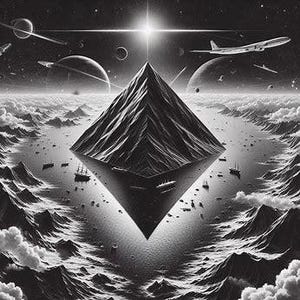 May include: Black and white digital art depicting a floating pyramid above a landscape with clouds and water. The artwork includes planets, airplanes, and a bright light source emanating from above the pyramid.