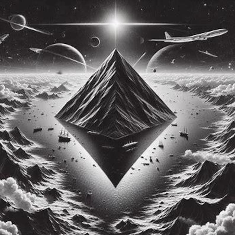 May include: Black and white digital art depicting a floating pyramid above a landscape with clouds and water. The artwork includes planets, airplanes, and a bright light source emanating from above the pyramid.