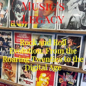 K&ouml;nnte beinhalten: Eine Ausstellung gerahmter Vintage-Musikplakate mit Elvis Presley und anderen Rock'n'Roll-Ikonen. Die Poster sind auf Holzregalen angeordnet, mit Text in Rot und Gelb, darunter "Music's Legacy" und "Rock and Roll Evolution".