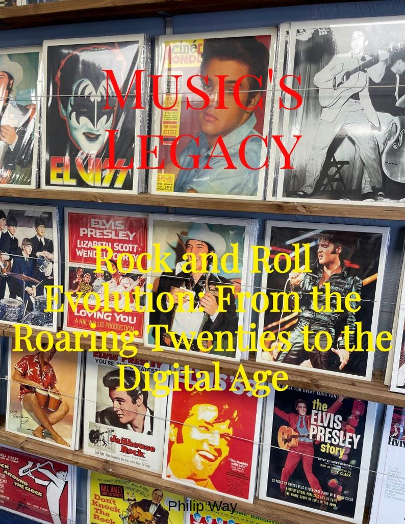 K&ouml;nnte beinhalten: Eine Ausstellung gerahmter Vintage-Musikplakate mit Elvis Presley und anderen Rock'n'Roll-Ikonen. Die Poster sind auf Holzregalen angeordnet, mit Text in Rot und Gelb, darunter "Music's Legacy" und "Rock and Roll Evolution".