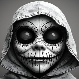 May include: A monochrome image of a mask with a hood. The mask features large, dark eyes and a stitched-mouth design. The hood has a textured appearance, creating a spooky and stylized effect.