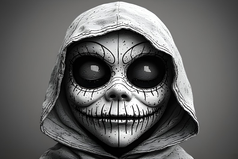 May include: A monochrome image of a mask with a hood. The mask features large, dark eyes and a stitched-mouth design. The hood has a textured appearance, creating a spooky and stylized effect.