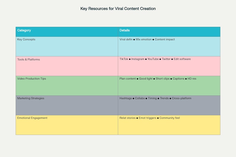 May include: A colorful infographic titled "Key Resources for Viral Content Creation." The chart is divided into categories like Key Concepts, Tools & Platforms, and Marketing Strategies, with details such as "Viral defin," "TikTok," and "Hashtags."