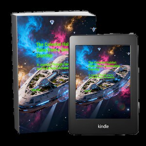 Op de afbeelding: Een boek en een Kindle e-reader met de omslag van "The Celestial Habitat: Tales From a Starship". De omslag toont een futuristisch ruimteschip tegen een achtergrond van een kleurrijke nevel. De Kindle is zwart en heeft de merknaam "Kindle" onderaan.