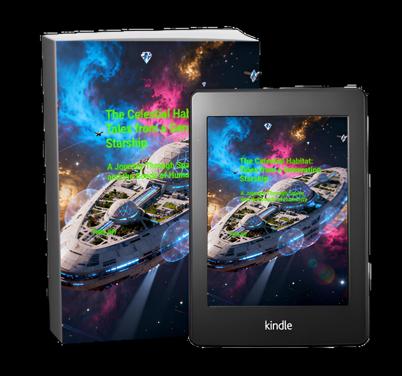 Op de afbeelding: Een boek en een Kindle e-reader met de omslag van "The Celestial Habitat: Tales From a Starship". De omslag toont een futuristisch ruimteschip tegen een achtergrond van een kleurrijke nevel. De Kindle is zwart en heeft de merknaam "Kindle" onderaan.