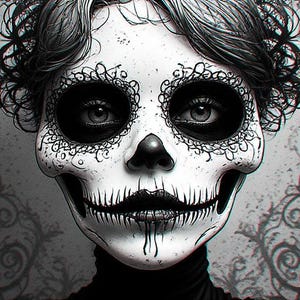 May include: A monochrome illustration of a face painted as a skull, with detailed floral patterns around the eyes. The person is wearing a black turtleneck. The background features a grey floral design.