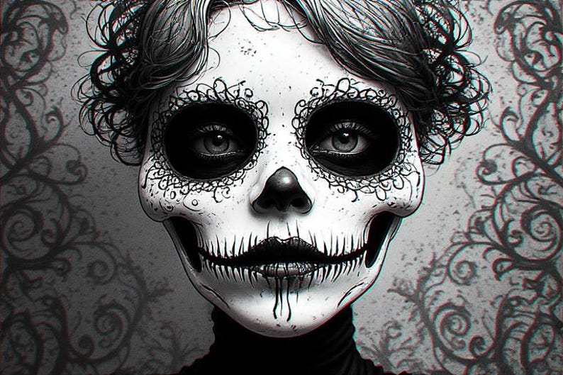 May include: A monochrome illustration of a face painted as a skull, with detailed floral patterns around the eyes. The person is wearing a black turtleneck. The background features a grey floral design.