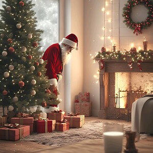 May include: A festive Christmas scene with Santa Claus peeking around a decorated tree. Presents are arranged beneath the tree. A plate of cookies and a glass of milk sit on a wooden table, with a fireplace and wreath in the background.