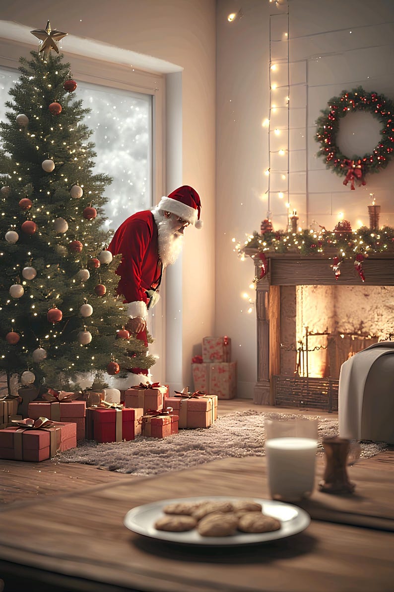 May include: A festive Christmas scene with Santa Claus peeking around a decorated tree. Presents are arranged beneath the tree. A plate of cookies and a glass of milk sit on a wooden table, with a fireplace and wreath in the background.