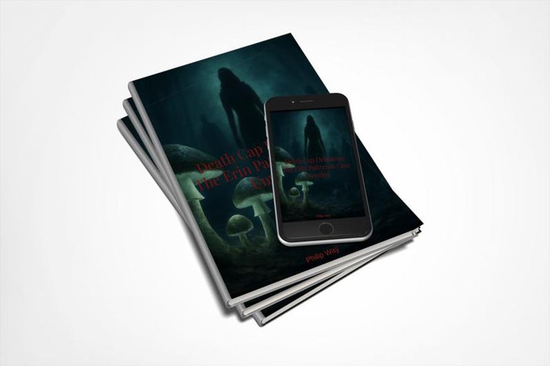 May include: A stack of three books with dark covers featuring a silhouette of a person in a forest with mushrooms and the text Death Cap The Erin Pacey Chronicles by Philip Wily, topped with a smartphone displaying the same book cover image.