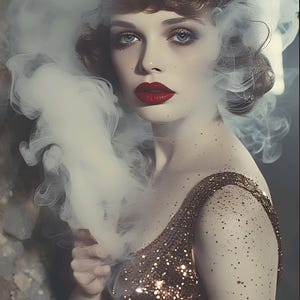 May include: A woman with red lips and smoky eye makeup, wearing a gold sequined dress. Wisps of white smoke surround her face and shoulders, creating a dramatic effect. Her hair is styled in vintage waves.