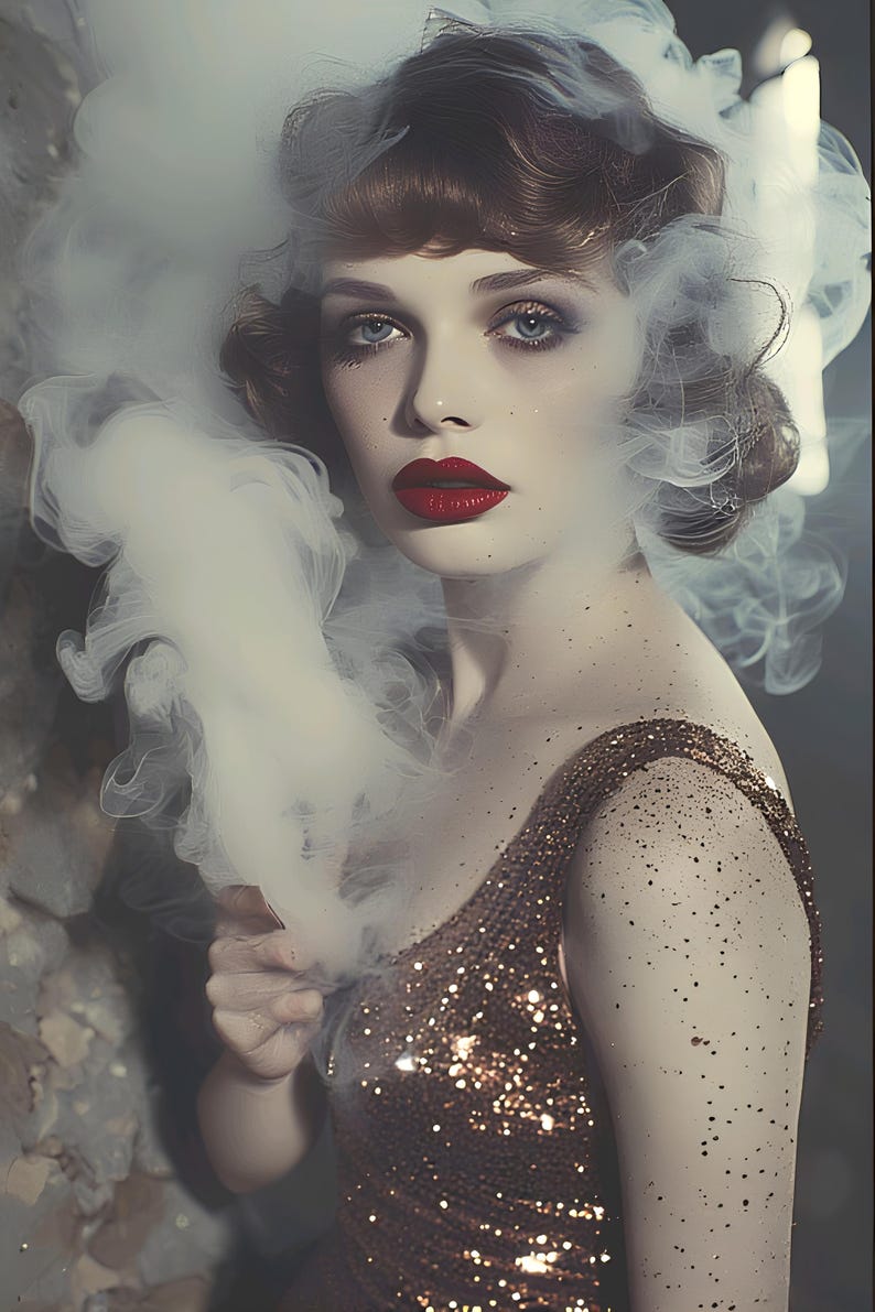 May include: A woman with red lips and smoky eye makeup, wearing a gold sequined dress. Wisps of white smoke surround her face and shoulders, creating a dramatic effect. Her hair is styled in vintage waves.