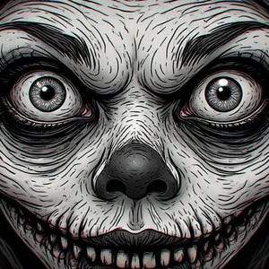May include: A detailed black and white illustration of a skeletal face with large, intense eyes. The image features a wide, toothy grin and dark hair, creating a spooky and unsettling effect. The artwork is highly detailed, with visible lines and shading.