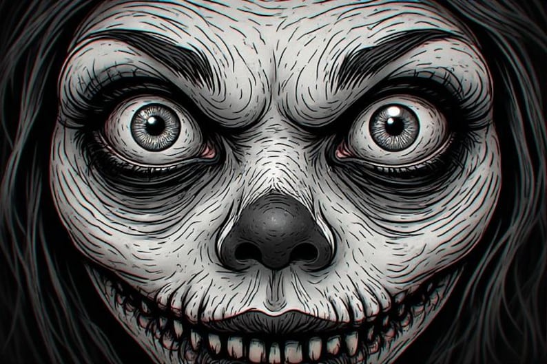 May include: A detailed black and white illustration of a skeletal face with large, intense eyes. The image features a wide, toothy grin and dark hair, creating a spooky and unsettling effect. The artwork is highly detailed, with visible lines and shading.