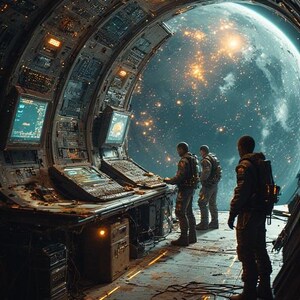 Op de afbeelding: Interieur van een ruimteschip met een groot raam met uitzicht op een planeet en sterren. Drie figuren in militaire uniformen staan bij bedieningspanelen. De kamer is gevuld met schermen, knoppen en gloeiende lichten.
