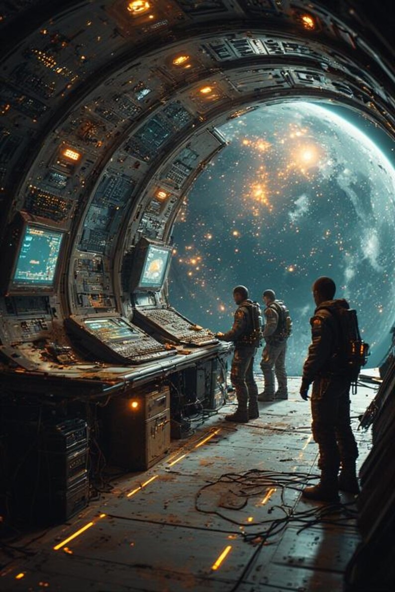 Op de afbeelding: Interieur van een ruimteschip met een groot raam met uitzicht op een planeet en sterren. Drie figuren in militaire uniformen staan bij bedieningspanelen. De kamer is gevuld met schermen, knoppen en gloeiende lichten.