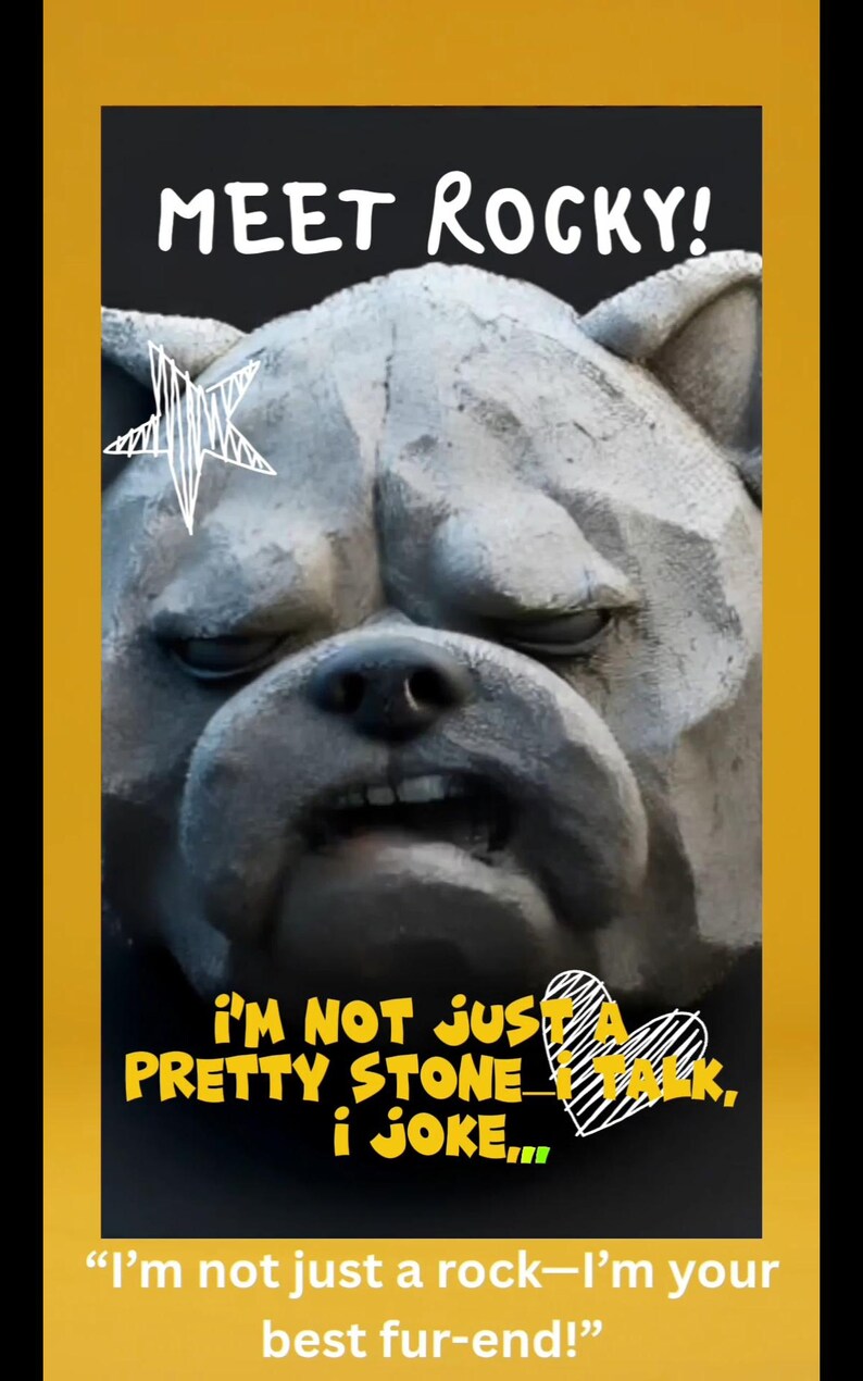 May include: A humorous image featuring a stone bulldog sculpture named Rocky. The image includes the text "MEET ROCKY!" and a playful message: "I'm not just a rock&mdash;I'm your best fur-end!" The design incorporates a star and heart graphic.