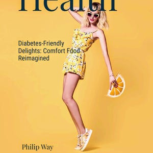Könnte beinhalten: Eine Frau in einem gelben Blumenkleid und Sonnenbrille posiert vor einem gelben Hintergrund. Der Text "Health" befindet sich oben im Bild. Der Text "Diabetes-Friendly Delights: Comfort Food Reimagined" befindet sich unter der Frau. Der Text "Philip Way" befindet sich unten im Bild.